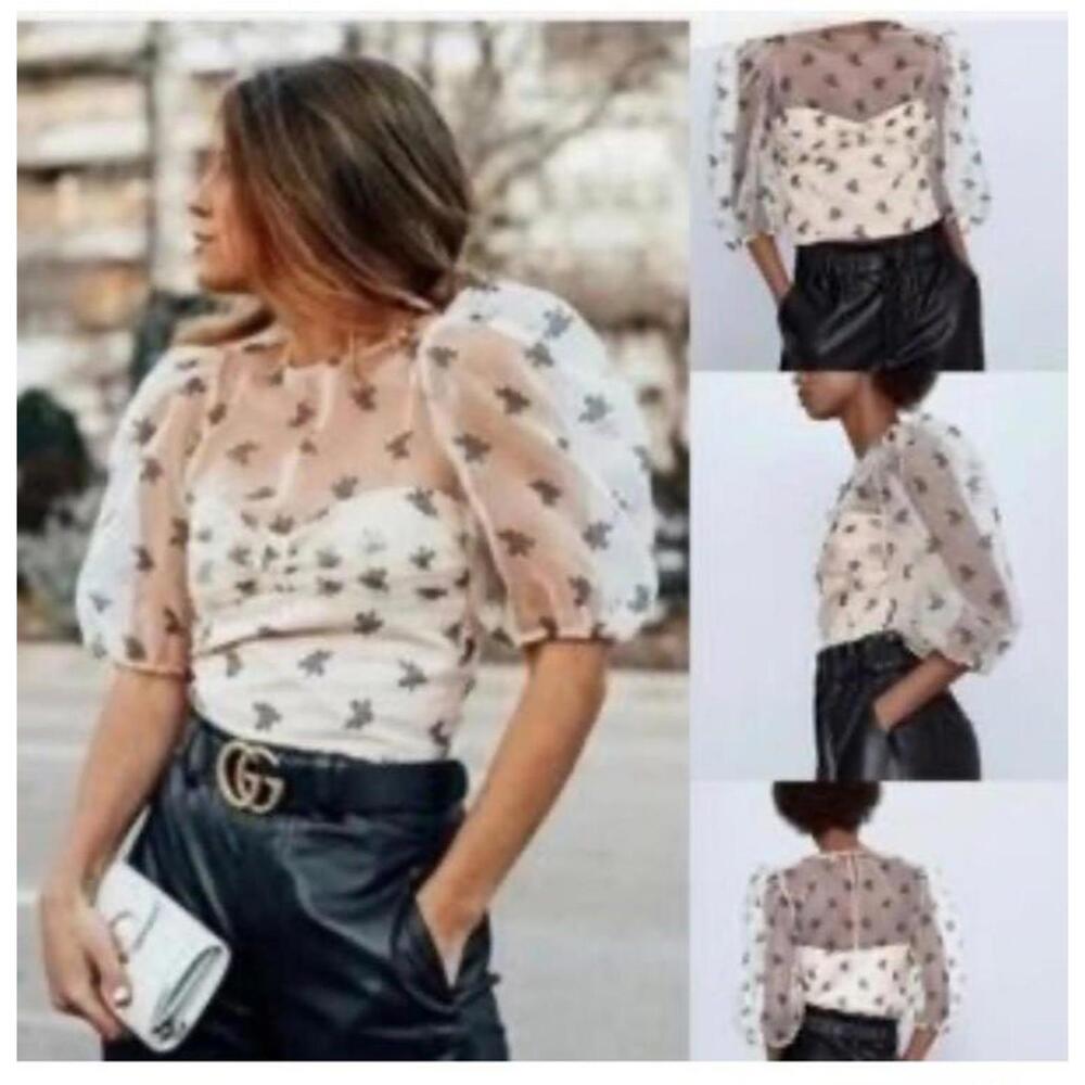 Zara Blouse Womens M Cream Floral Embroidered Sheer Organza Puff Sleeve Crop Top